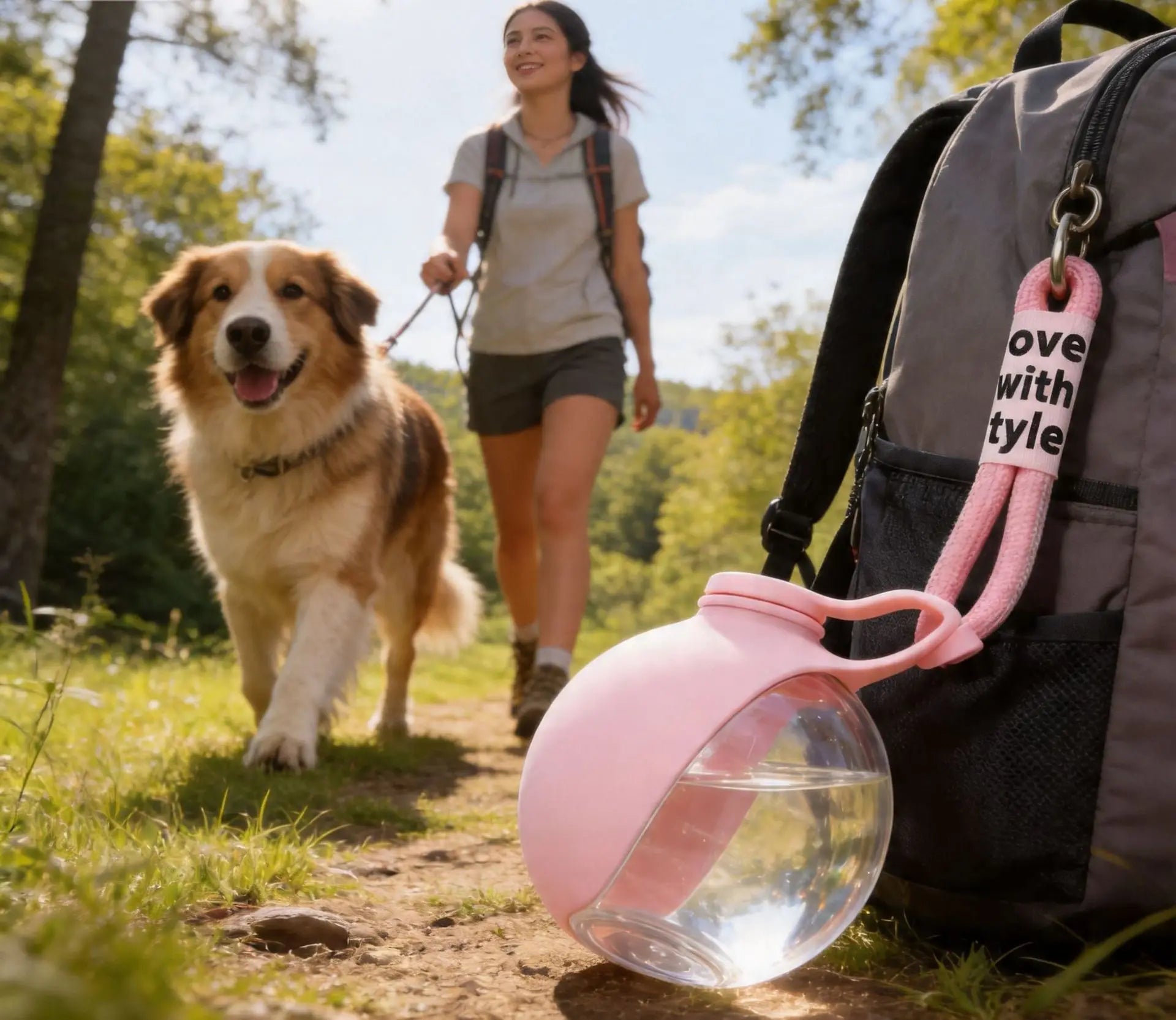 portable dog water bottle attached to backpack for outdoor walks with dog and hiker