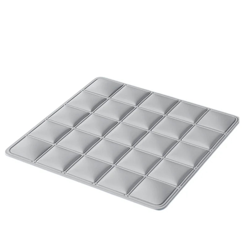 Gray cooling gel pet mat with grid pattern for summer heat relief, indoor or outdoor use as a sleeping pad