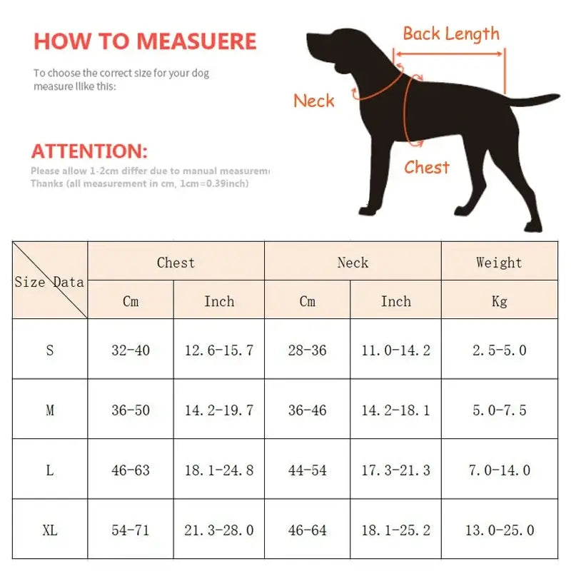 No pull dog harness with handle size guide for small and medium dogs, showing chest, neck, and weight measurements