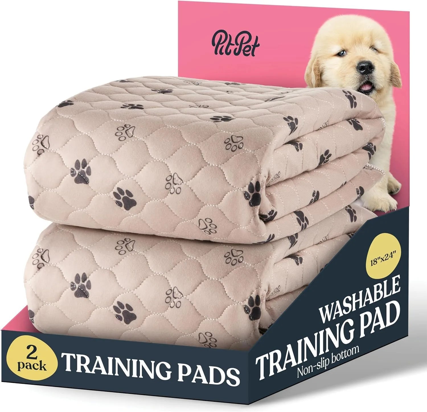Two beige washable dog training pads with paw prints, 2-pack, in packaging with puppy image.