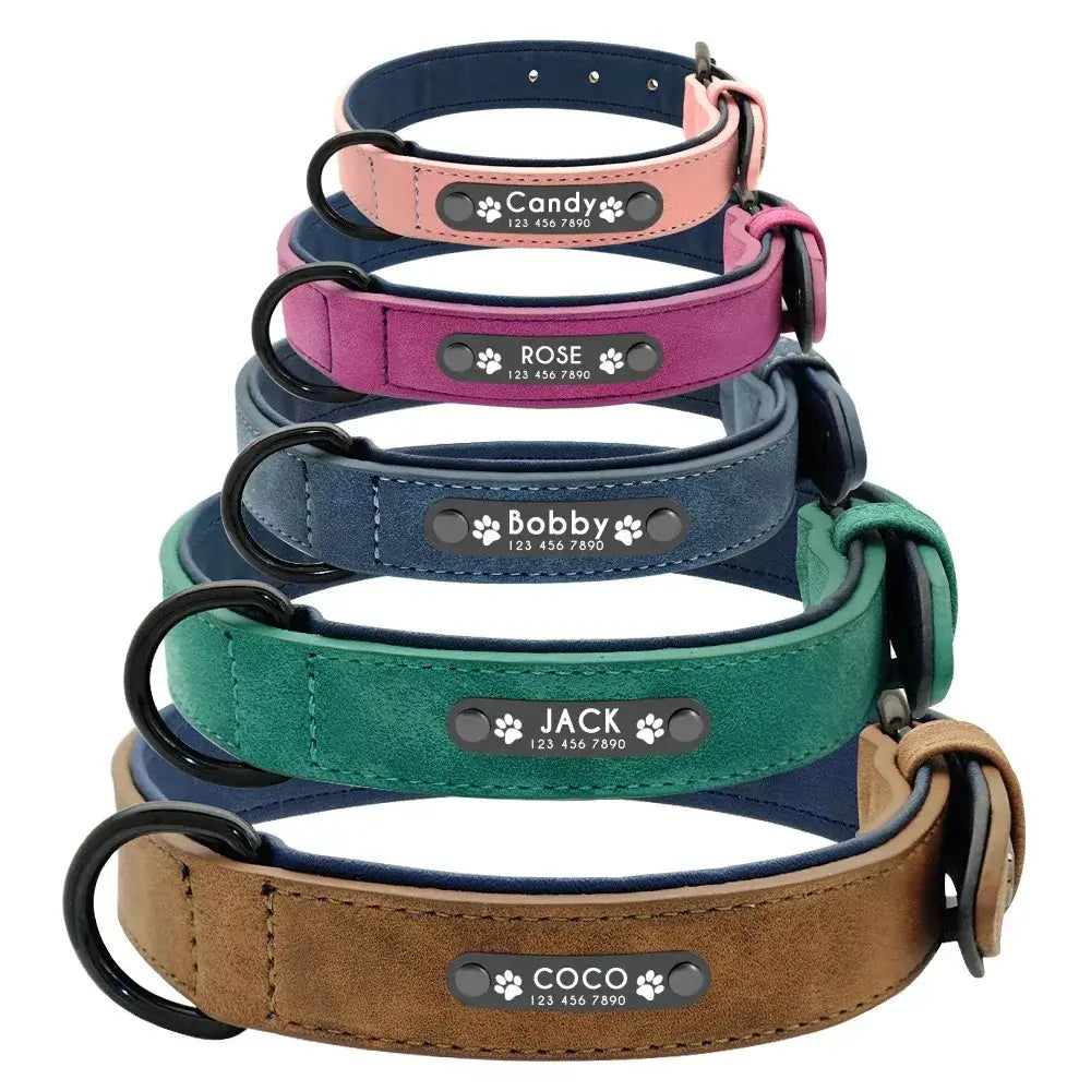 Personalized leather dog collar with custom name tags for small to large dogs, durable engraved leather collars