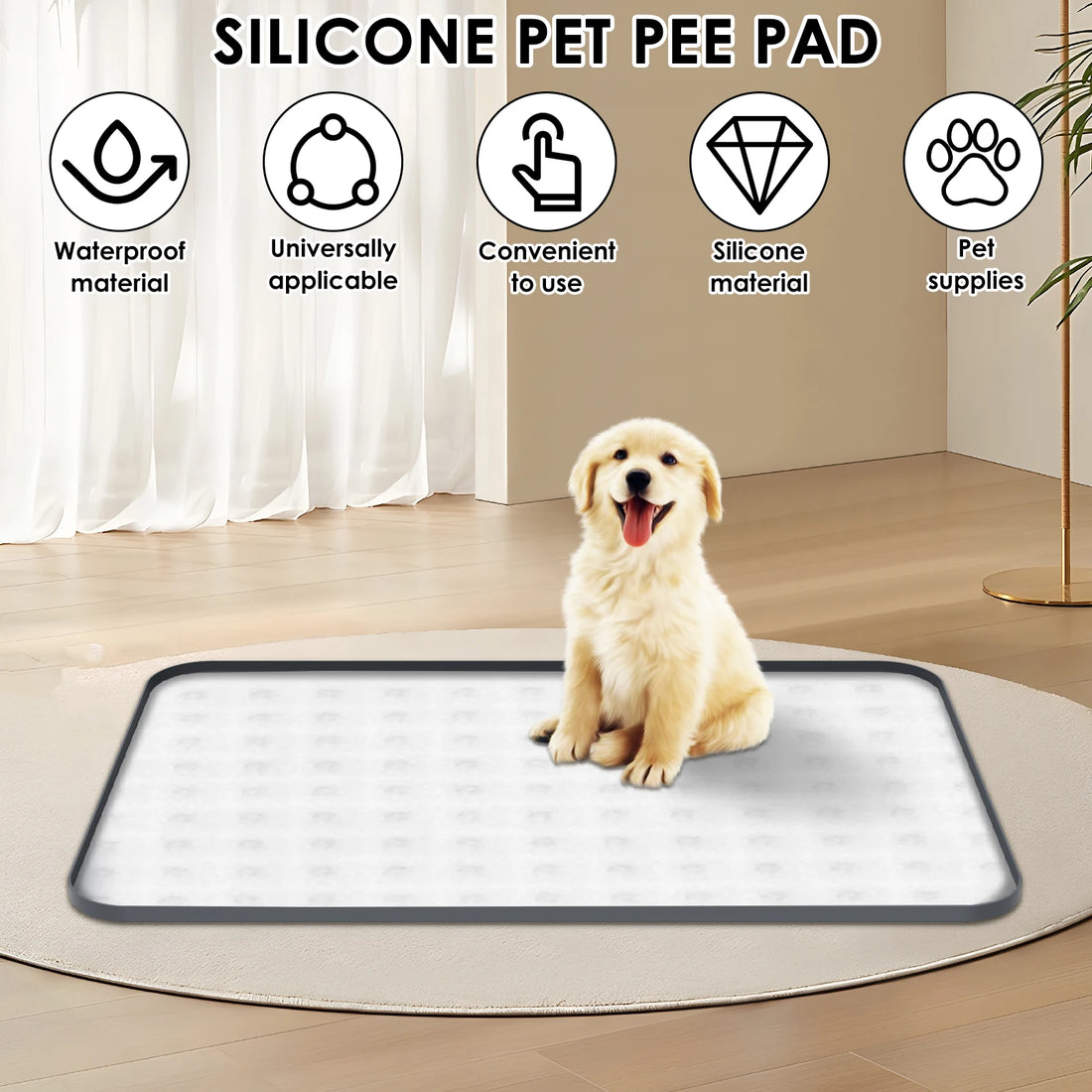 Golden retriever puppy sitting on a silicone pet pee pad in a modern living room