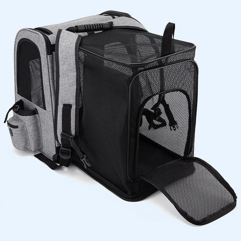 Expandable pet backpack carrier for cats and small dogs, breathable foldable carrier with large mesh opening and Oxford cloth design.