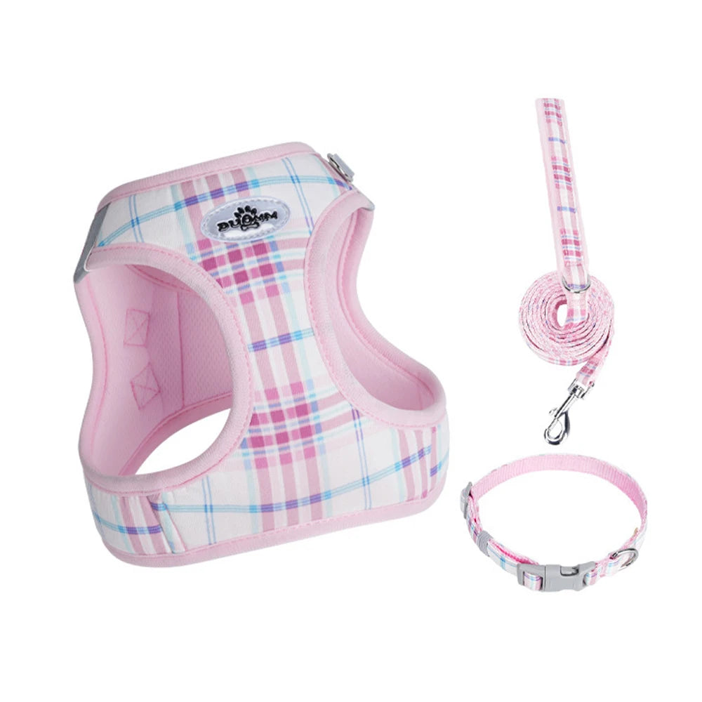 plaid pet leash set with pink plaid harness, matching leash and collar for cats and dogs, durable nylon walking accessories