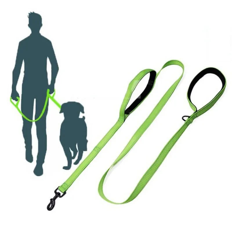 heavy duty double handle dog leash for greater control, green training lead for outdoor travel and safety