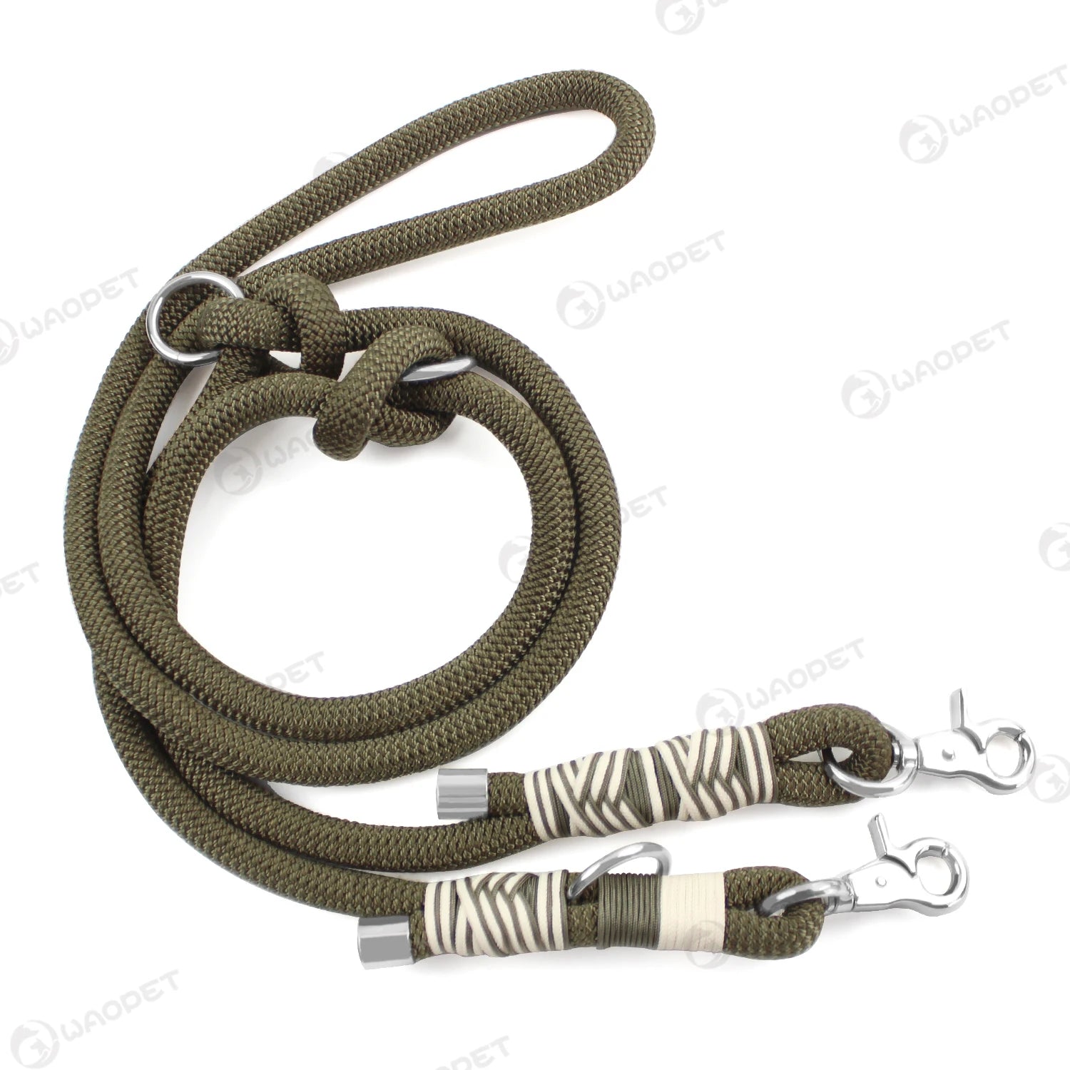 Army-green hands free dog leash, braided nylon rope, double buckle, quick release, S 1x200cm, for medium and large dogs