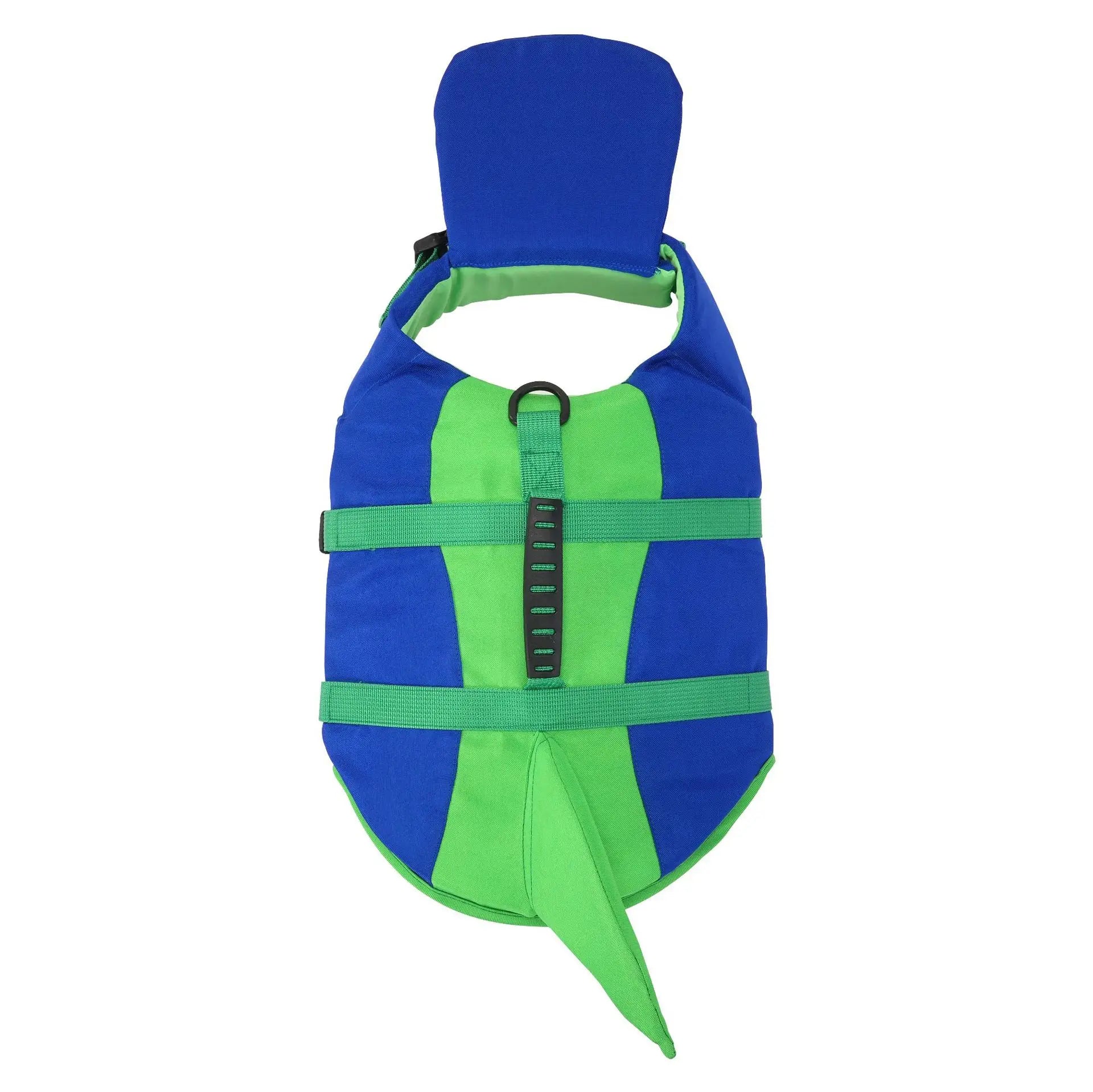 Blue-green dog life jacket with reflective straps, reinforced handle, and Velcro fit for safe swimming and boating