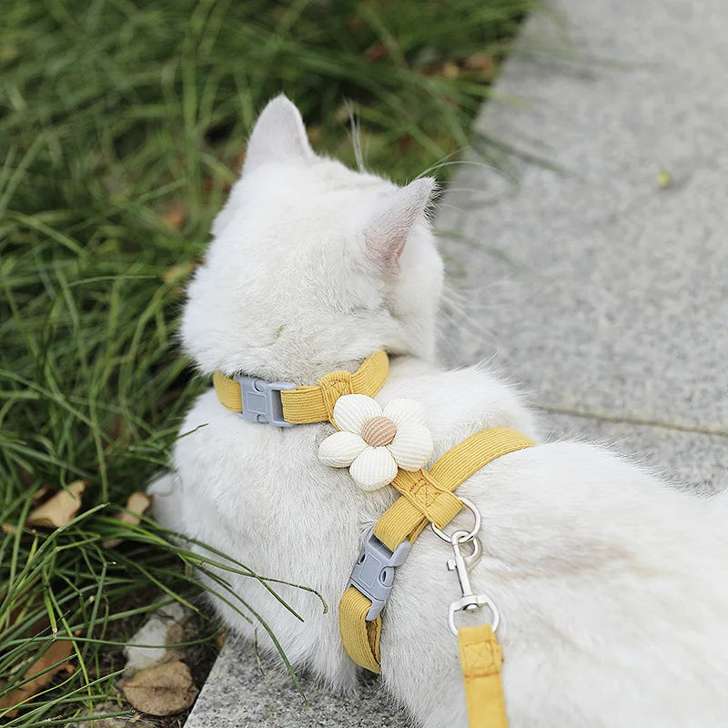 adjustable small dog harness and leash set yellow cute flower cat harness breathable H shape for puppy and small dog