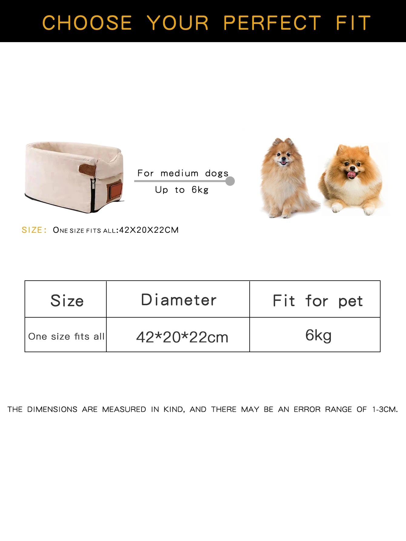 small dog car bed for medium dogs up to 6kg, breathable corduroy pet basket sofa bed, 42x20x22cm