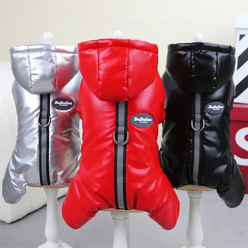 Thicken Warm Dog Jumpsuit Winter Pet Dogs Clothes for Chihuahua Coat Waterproof Hoodie Puppy Overalls Poodle Jacket Pet Apparel in red, black, silver.