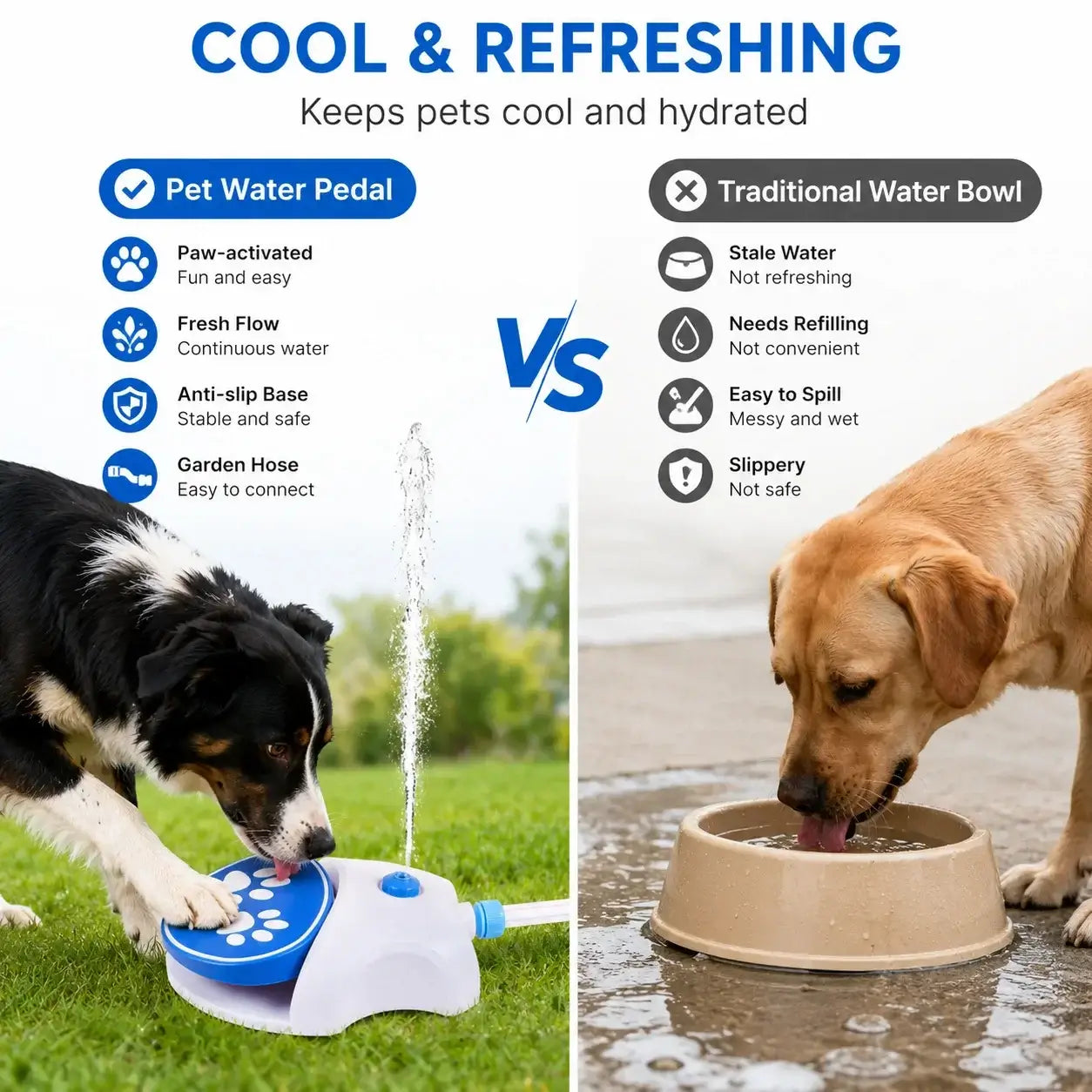 step-on dog water fountain for outdoor pets with hose, paw-activated garden sprinkler dispenser and cool hydration