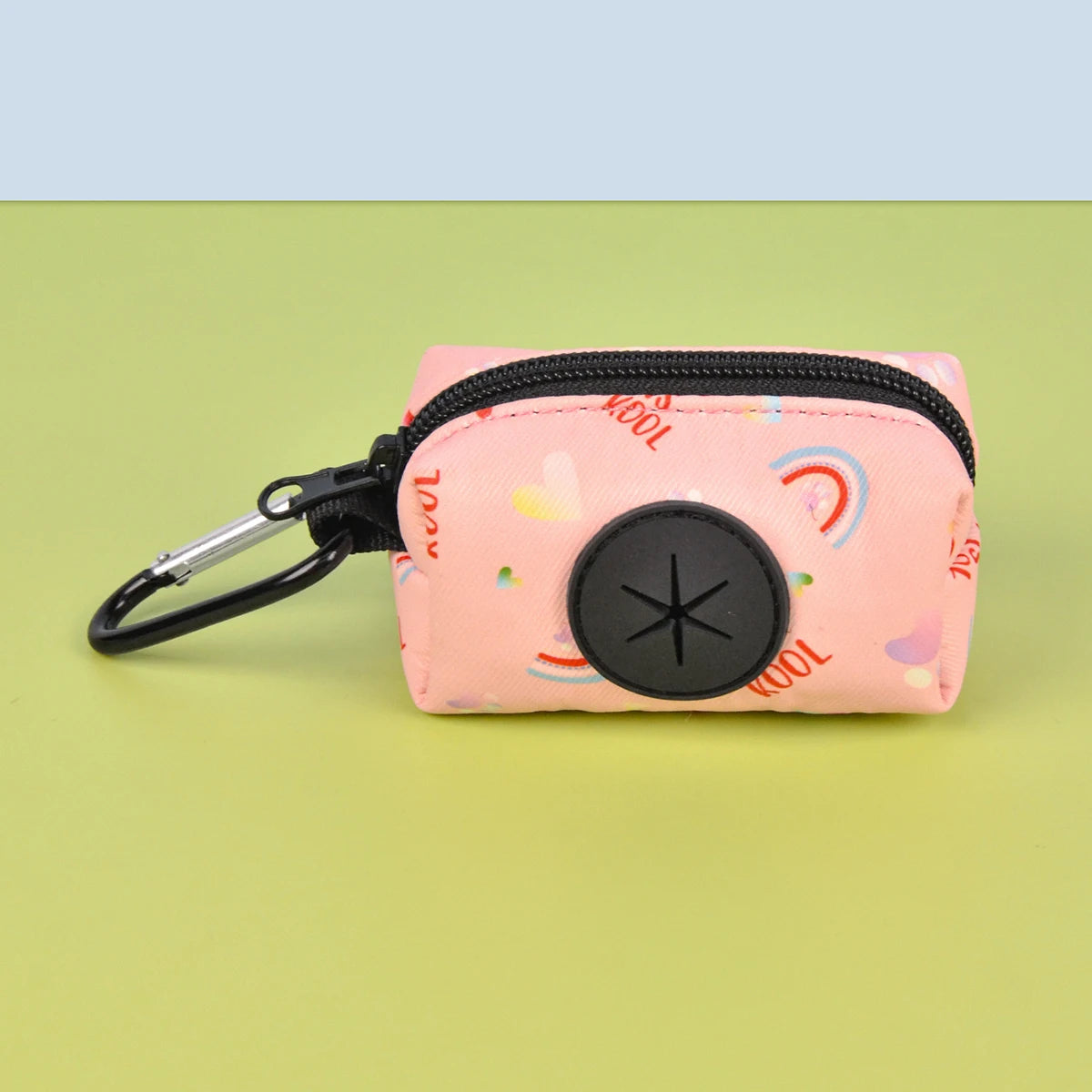 Pink rainbow L dog poop bag dispenser with leather strap clip, portable outdoor poop bag holder, no bags or leash