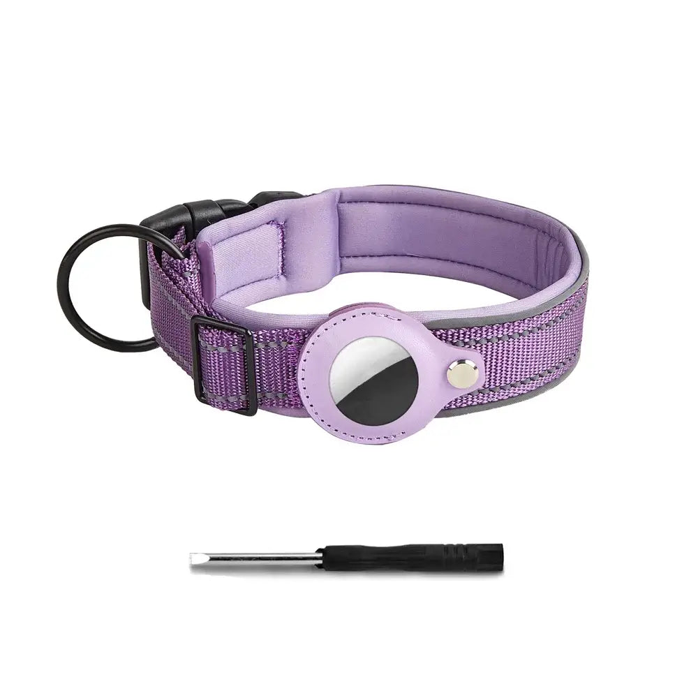 Reflective AirTag Dog Collar, Heavy Duty Dog Collar with Adjustable AirTag Holder Case Accessories for Small Medium Large Dogs in purple.