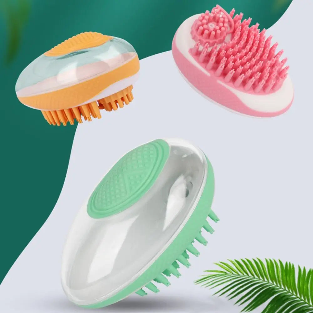 shampoo dispenser dog bath brush for pet grooming, silicone massage comb, quiet portable 2 in 1 cat and dog shower brush