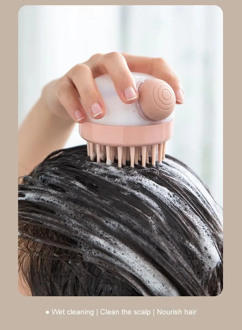 dog shower brush with shampoo dispenser for wet cleaning, scalp massage, and nourishing pet grooming