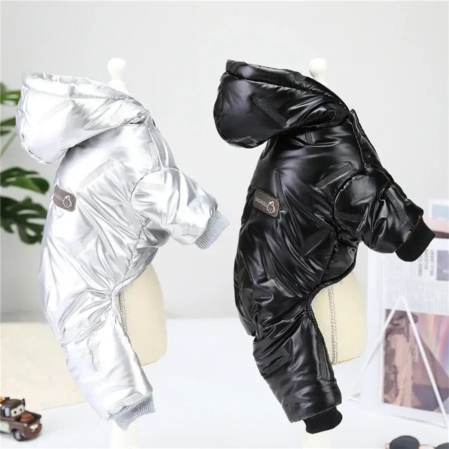 Thicken Warm Dog Jumpsuit Winter Pet Dogs Clothes for Chihuahua Coat Waterproof Hoodie Puppy Overalls Poodle Jacket Pet Apparel in silver and black.