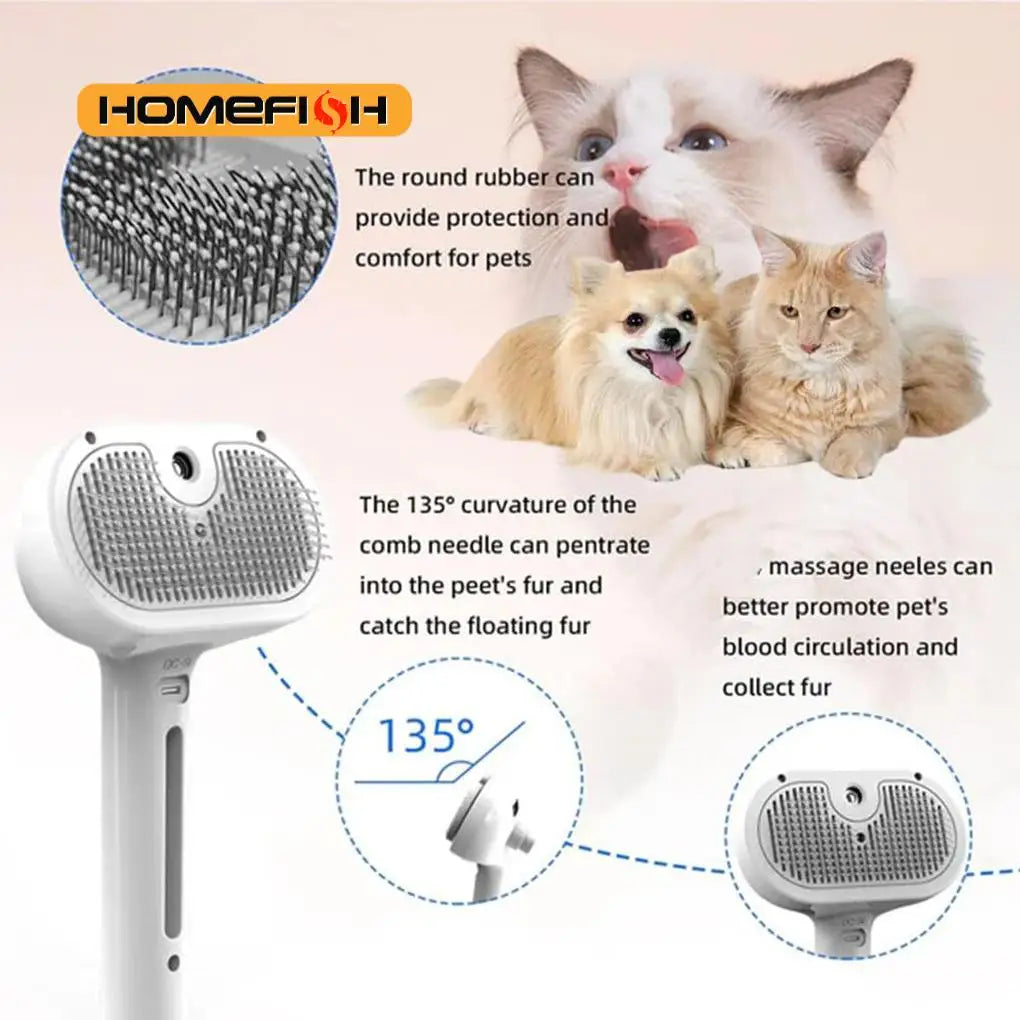 steam dog grooming brush with 135-degree comb needles and self-cleaning design for cats and dogs