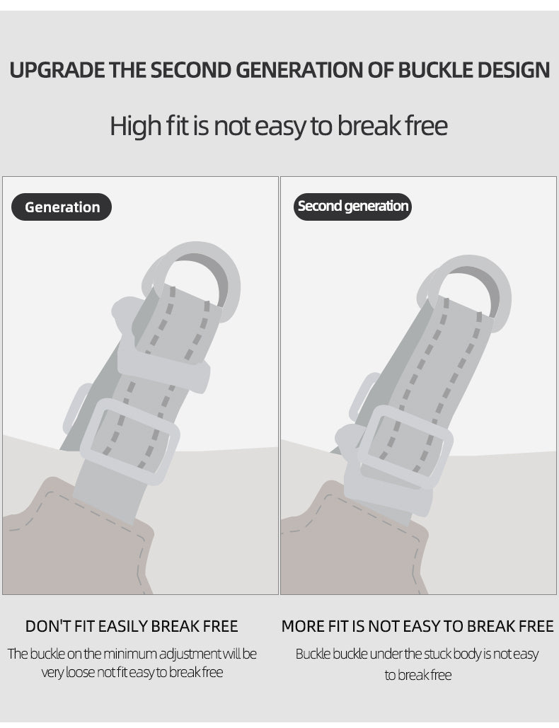Comparison of first and second generation dog collar buckle design showing improved secure fit.