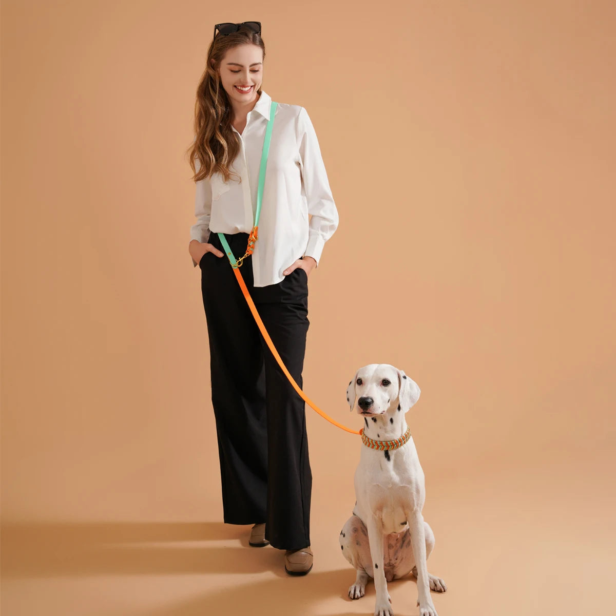 hands free dog leash with colorful durable rope for medium and large dogs, woman walking a sitting dog