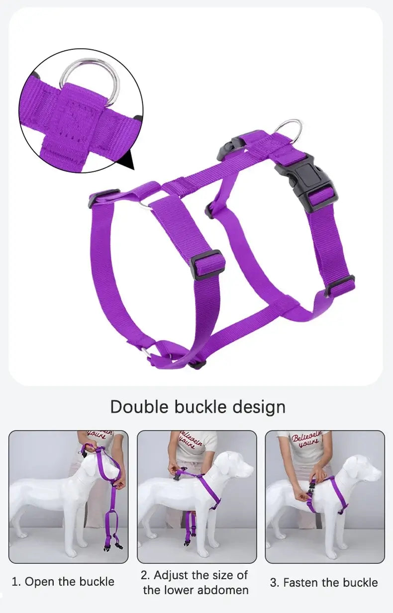 adjustable dog harness purple H-shaped double buckle nylon dog harness for walking, training, and travel