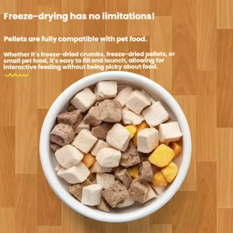 automatic pet treat dispenser with freeze-dried pet food pellets in bowl, compatible with dogs and cats