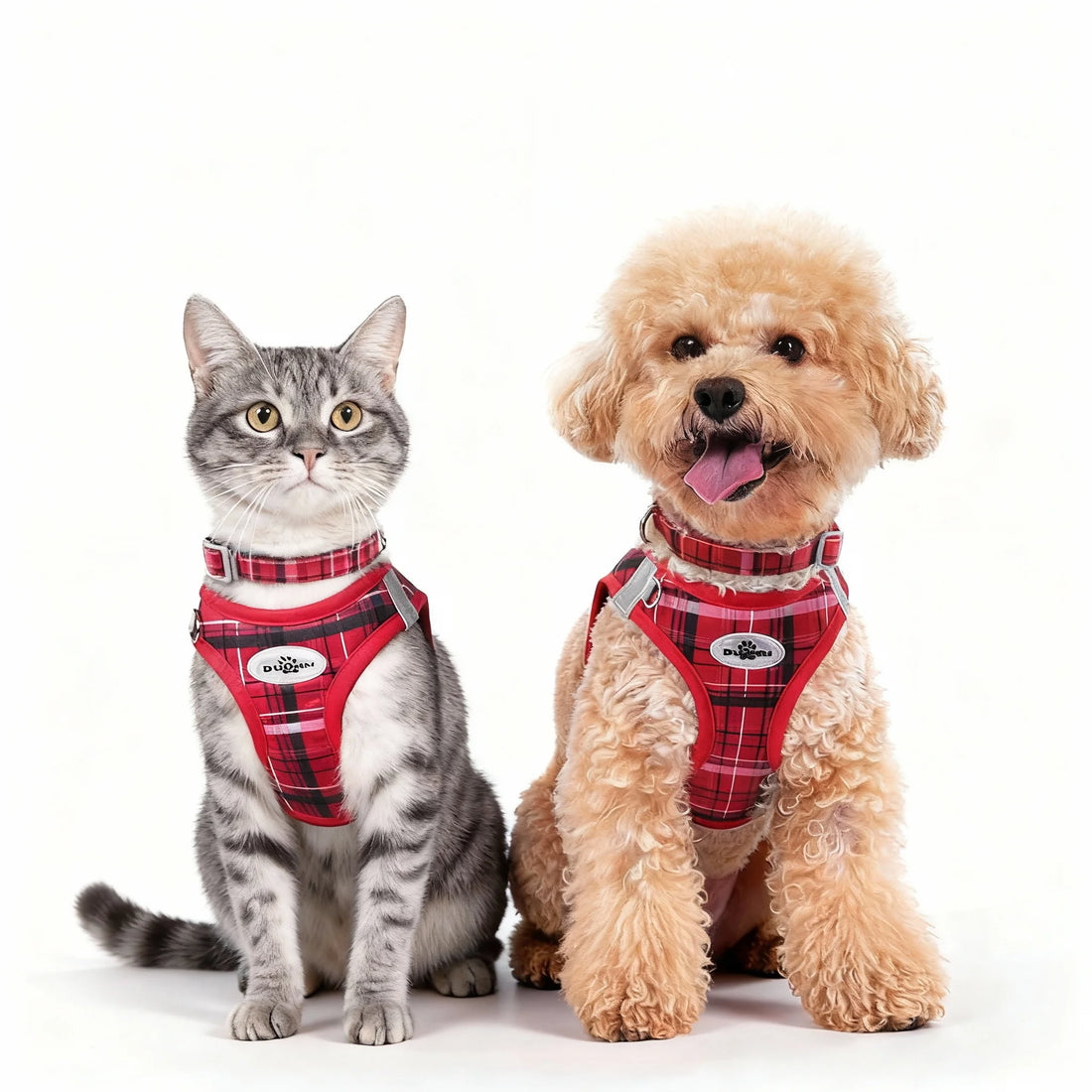 Plaid pet leash set for cats and dogs with matching red plaid harnesses for stylish, comfortable everyday walks