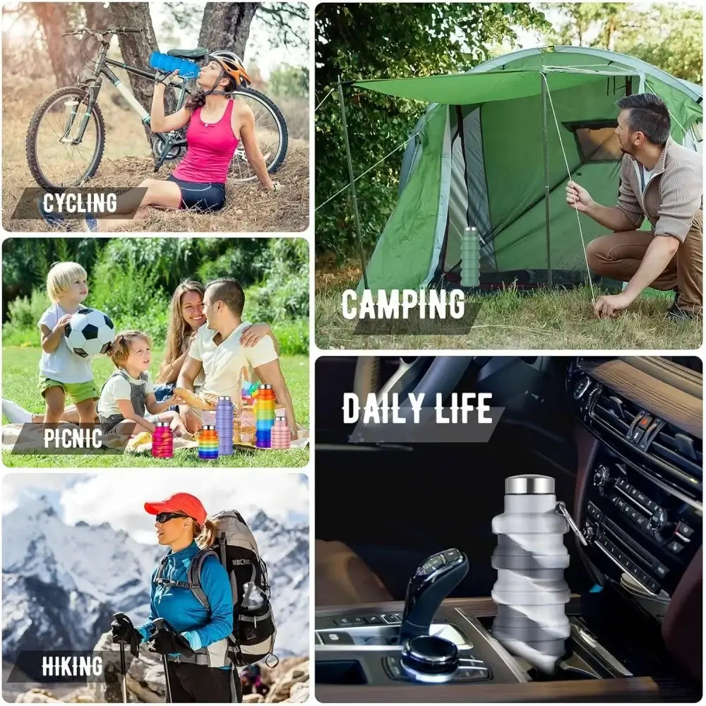 Collapsible water bottle for cycling, camping, picnic, hiking, and daily life with carabiner, 500ml portable leak-proof travel design