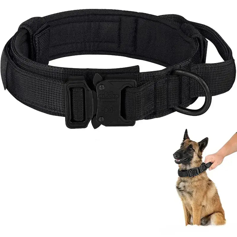 Black tactical dog leash collar with quick release buckle for medium and large dog training and outdoor control