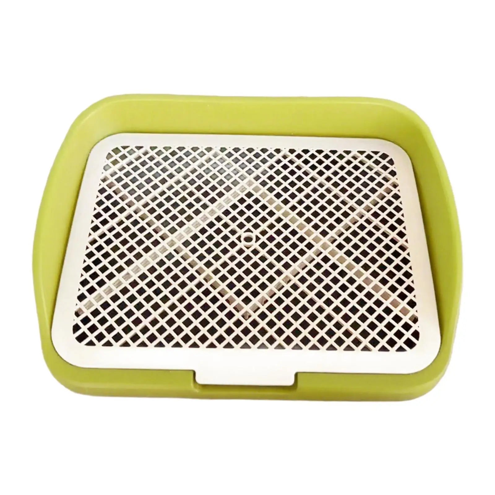 Green plastic dog potty tray with white grid, indoor pet training accessory