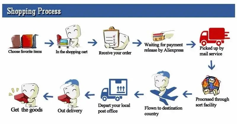 Shopping process infographic showing steps from choosing items to delivery using graphics and text.