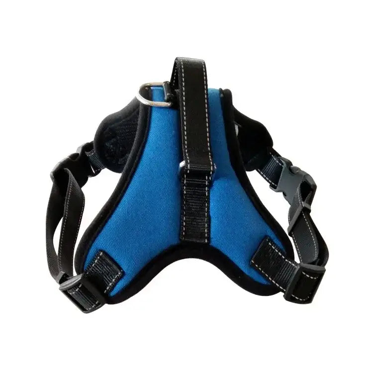 Blue quick release dog harness vest with reflective nylon straps, adjustable breathable puppy pet harness for outdoor use