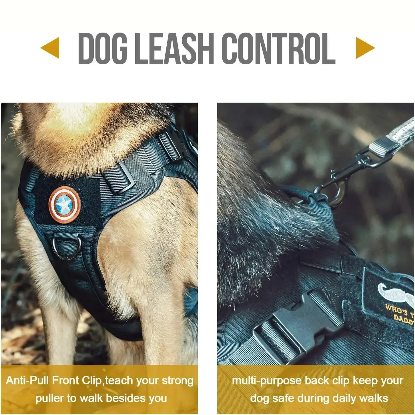 tactical dog harness with handle for dog leash control, anti-pull front clip and secure back clip for daily walks