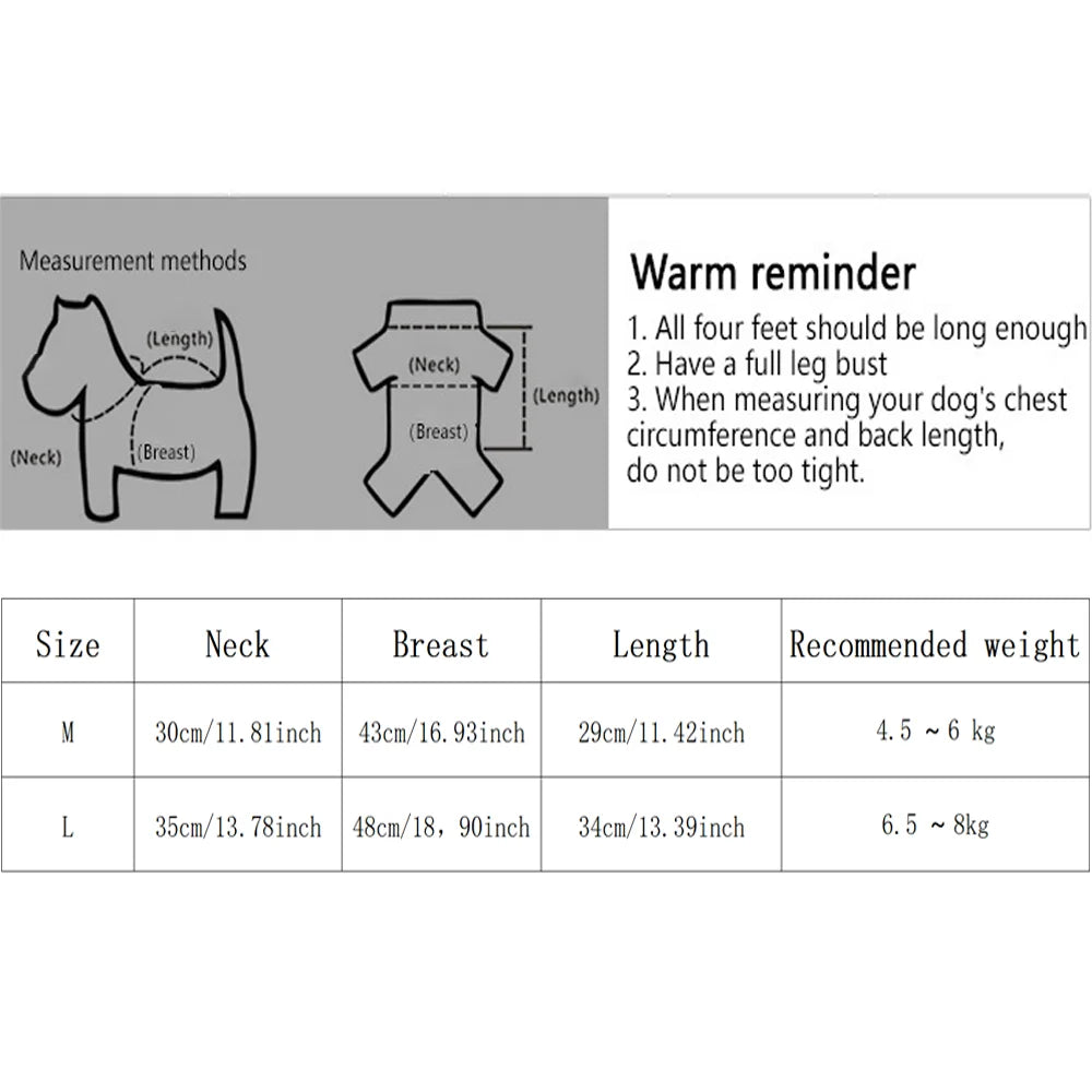 Dog apparel size chart with neck, breast, length measurements and recommended weight guide.