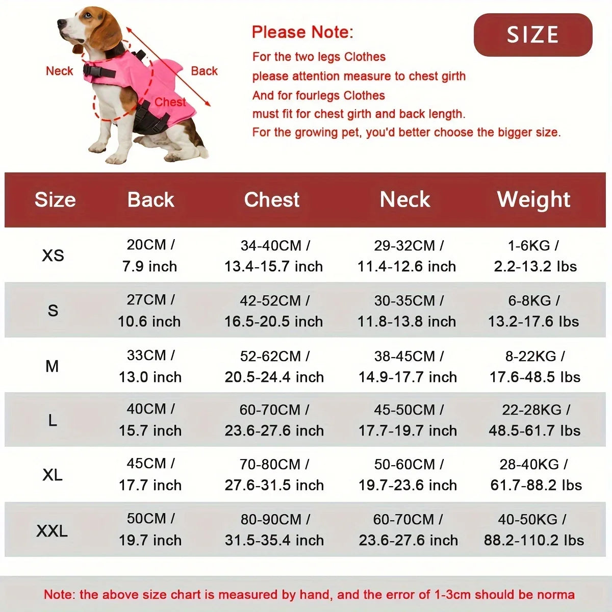 small dog shark fin life jacket size chart with buoyant vest, handle, and measurements for dogs