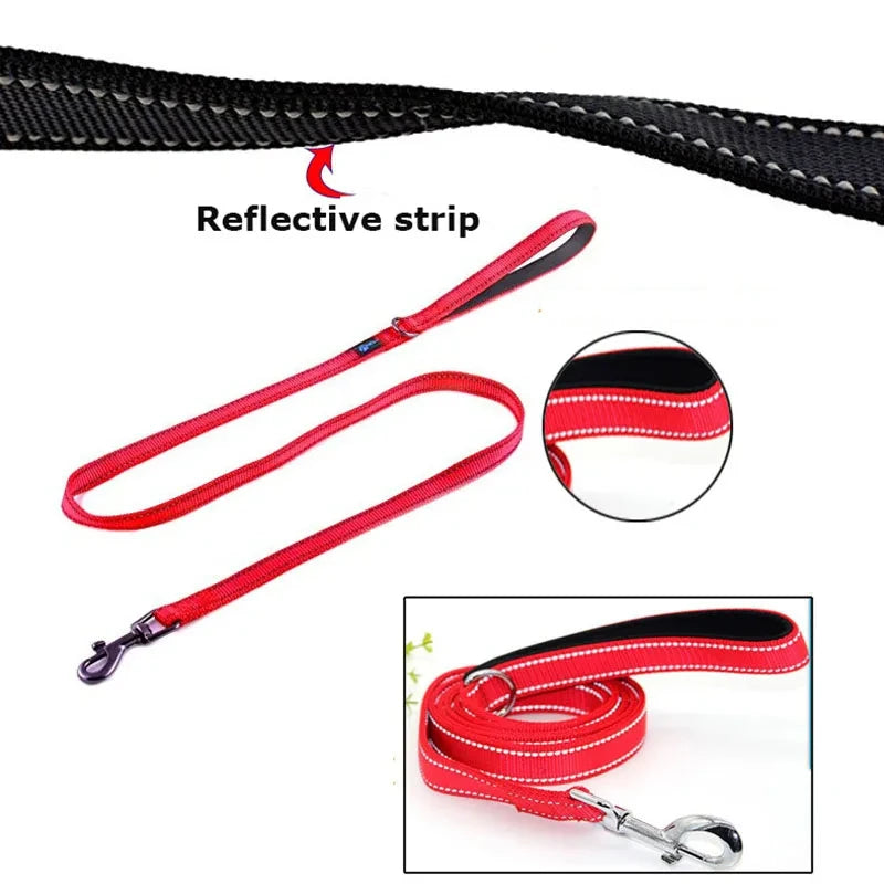 heavy duty double handle dog leash with reflective strip, red training lead for greater control and safety