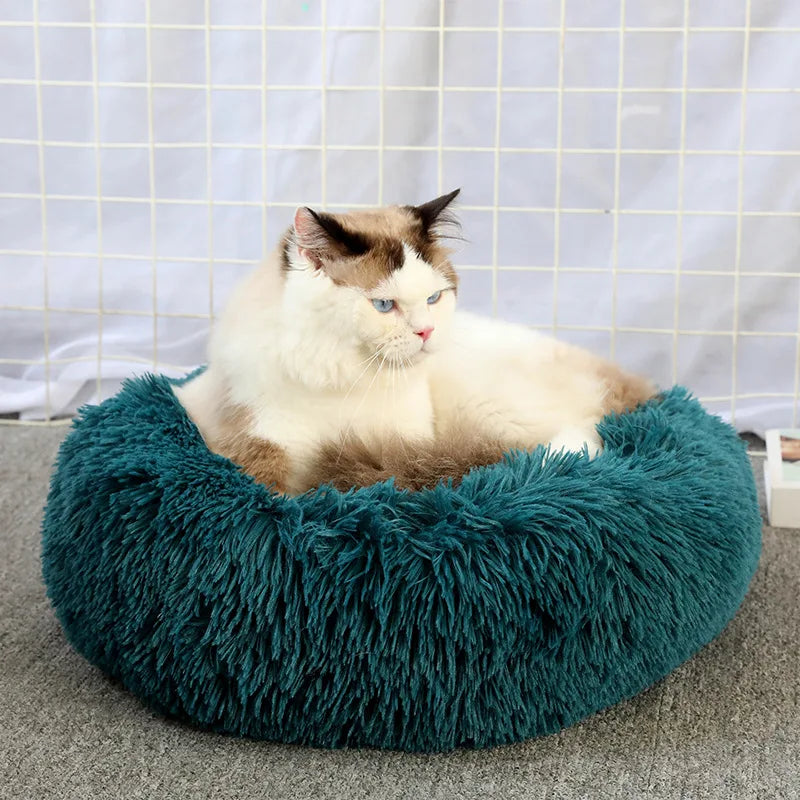 washable plush donut cat bed for winter comfort, soft calming pet sleeping nest for cats up to 17kg