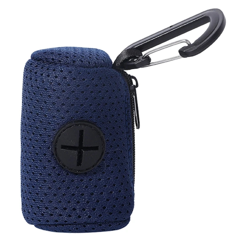 Navy blue dog poop bag holder with carabiner clip, durable mesh pet waste bag dispenser for easy dog walking cleanup