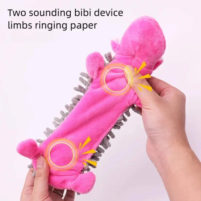 Pink squeaky plush dog chew toy with mop fur shell, built-in sound, bite-resistant design for puppy training and chewing