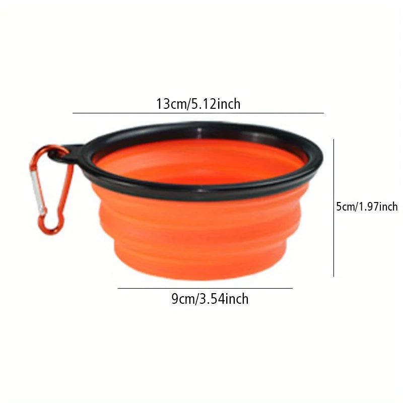 Orange portable dog travel bowl foldable silicone dog food water bowl with carabiner, 13cm wide, 5cm high