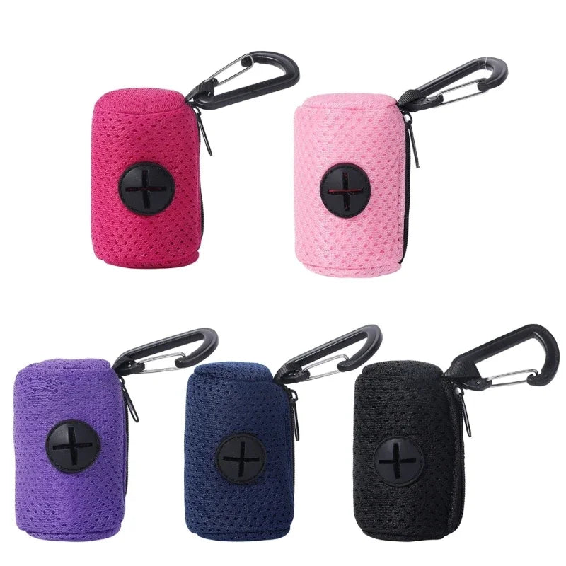 Dog poop bag holder pet waste dispenser with carabiner clip in multiple colors for easy dog walking cleanup