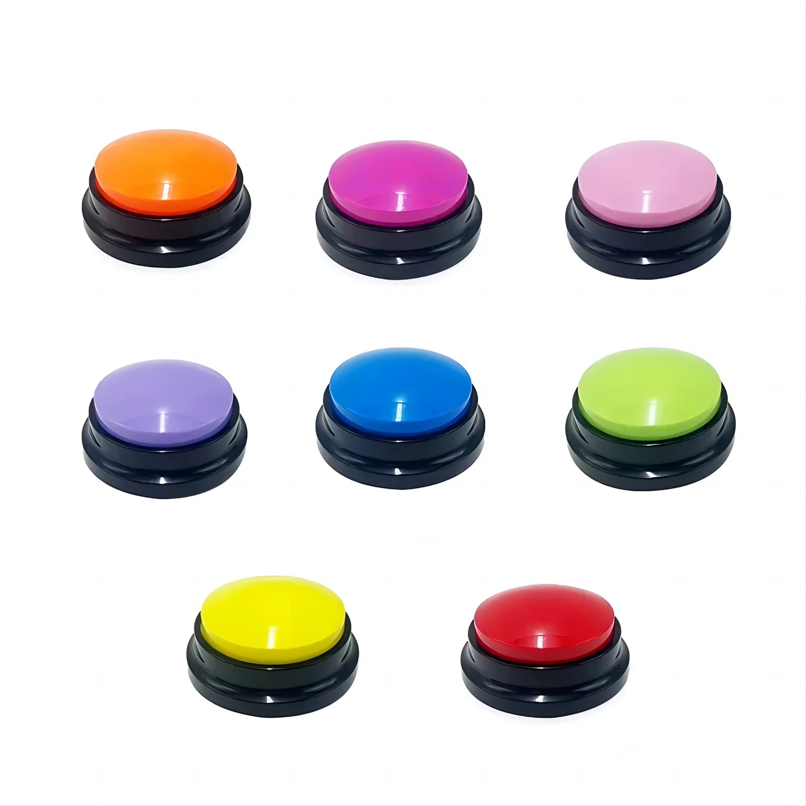 set of eight colorful dog training buttons on white background, includes red, yellow, blue, green, pink, purple, orange, and magenta buttons