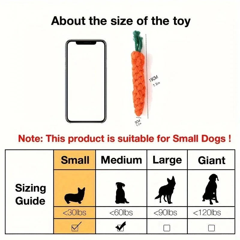 Carrot shape dog chew toy cotton rope knot toy size guide for small dogs, 19cm chew toy