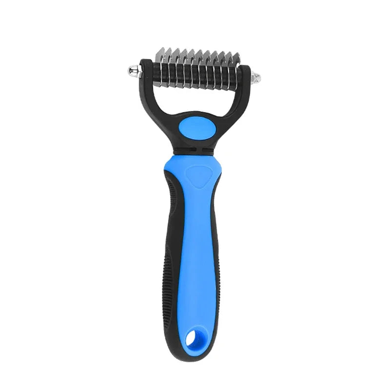 Blue S dog deshedding brush with stainless steel fur knot cutter and ergonomic grooming handle for dogs and cats
