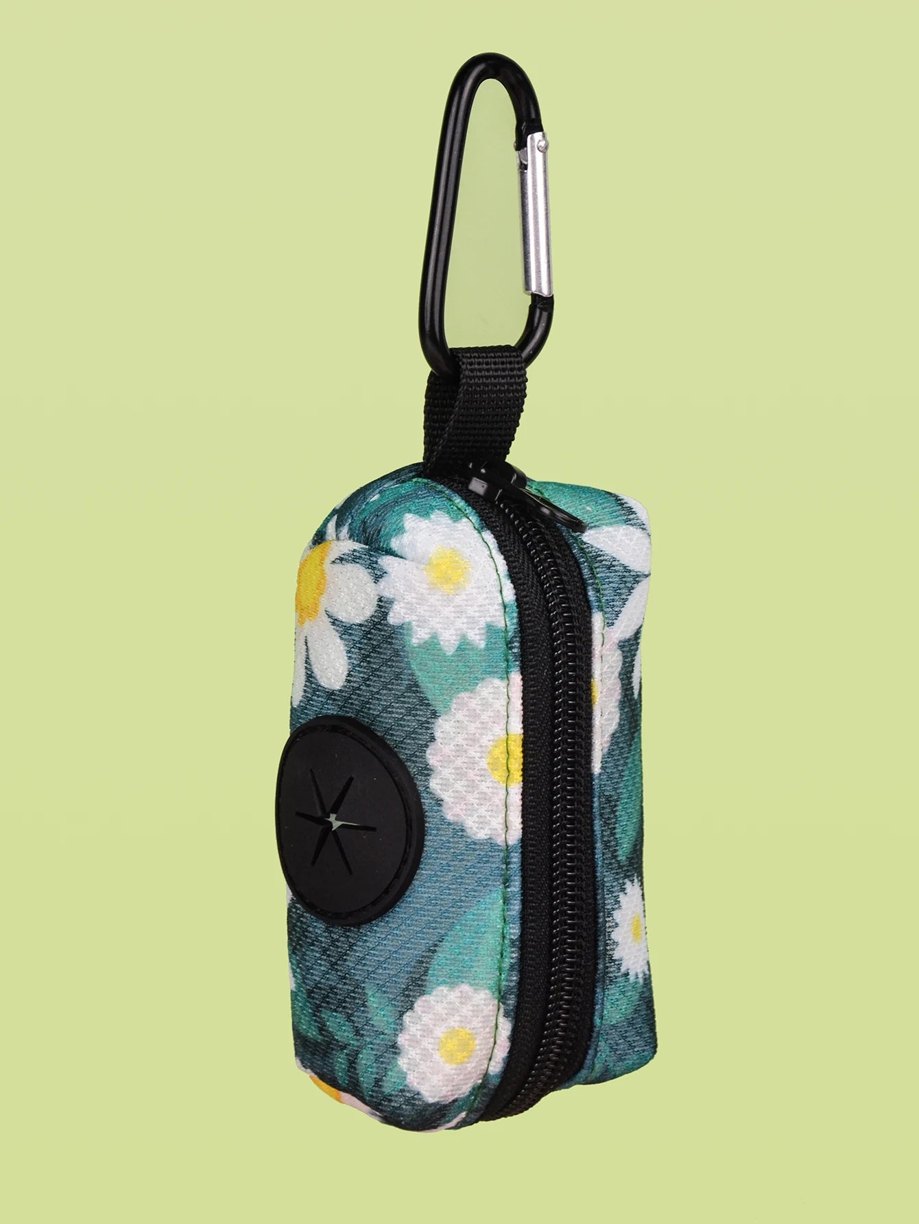Abstract floral dog poop bag holder dispenser with carabiner clip for leash attachment, compact and cute