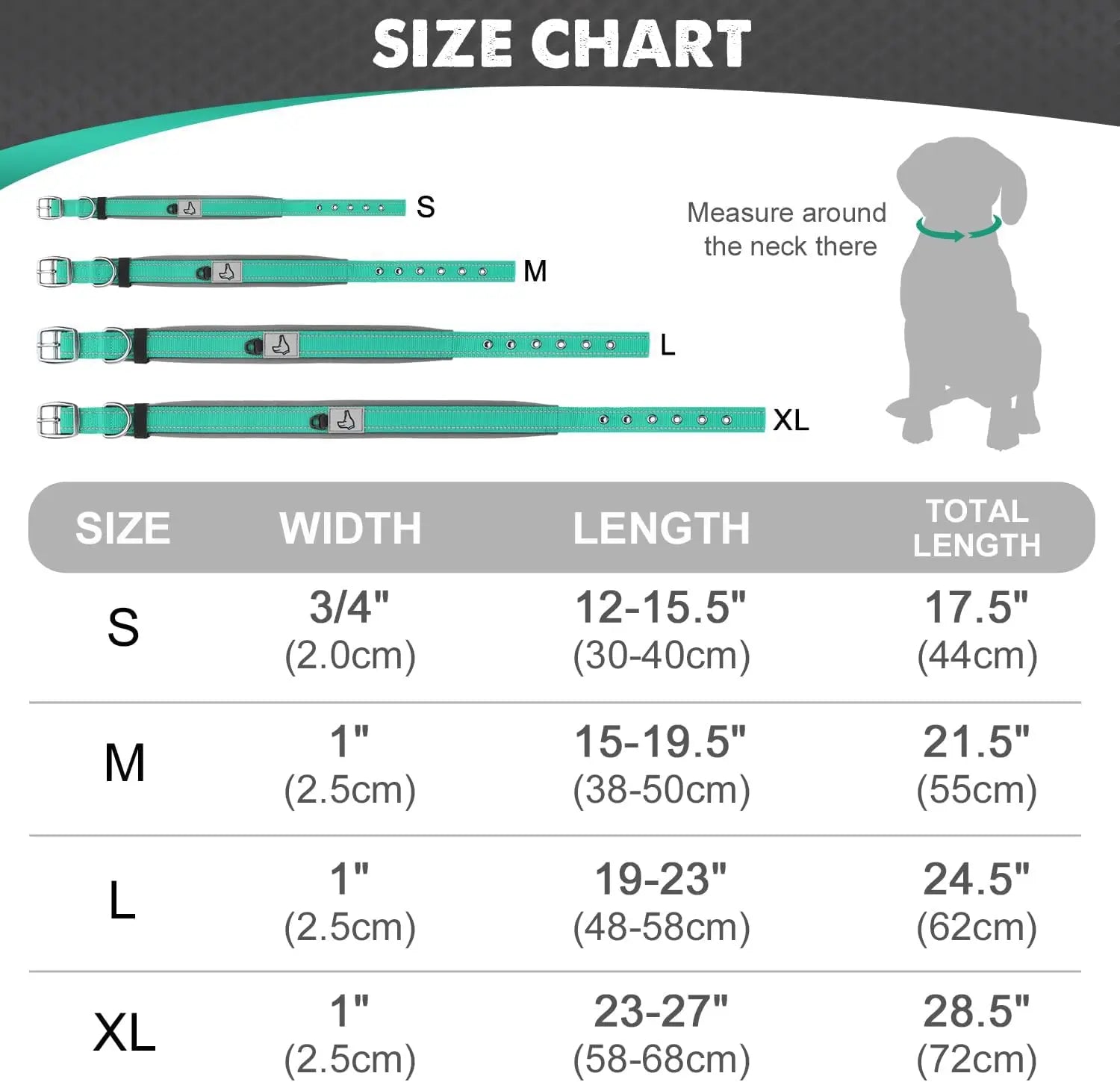 Size chart for Padded Dog Collars for small Medium large Dogs Reflective Wide Pet Collars Adjustable Heavy Duty Nylon Neoprene Dog Collar.