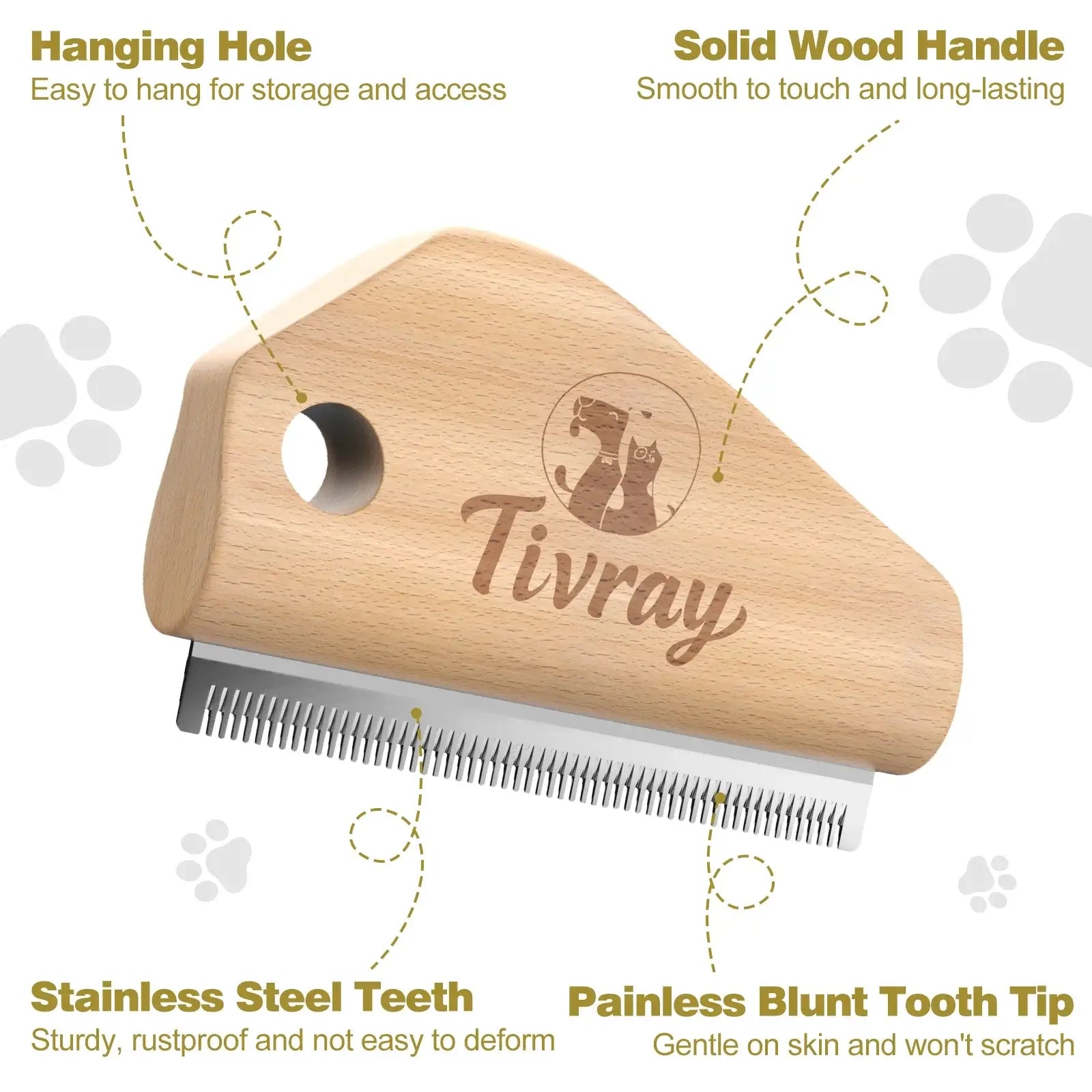 deshedding brush for dogs with solid wood handle, stainless steel teeth, and painless blunt tooth tip