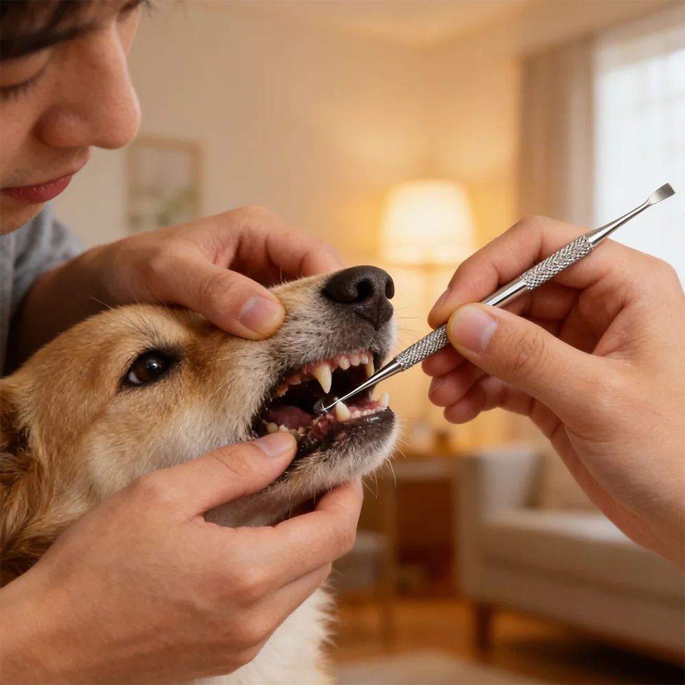 stainless steel pet tartar cleaning kit for dogs, gentle at-home dental care tool used on a dog’s teeth