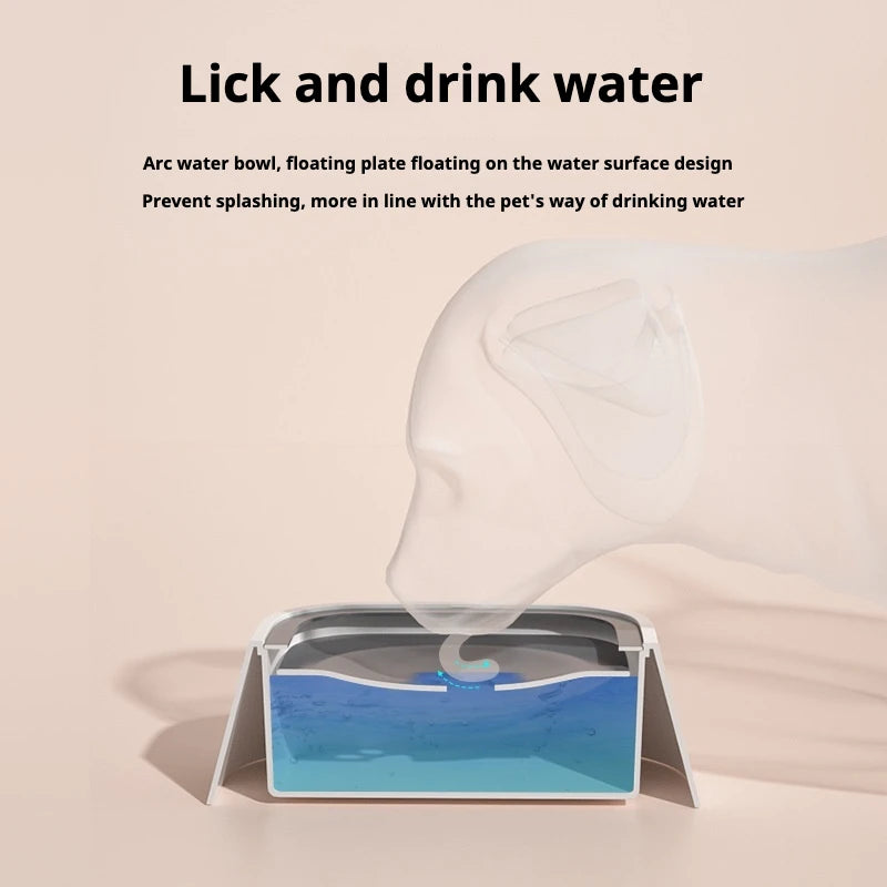 Dog drinking from anti-splash water bowl with floating plate and arc design demo