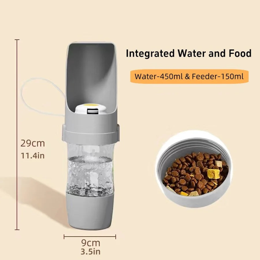 portable dog water bottle with food container for travel, integrated water and food dispenser, 450ml water and 150ml feeder