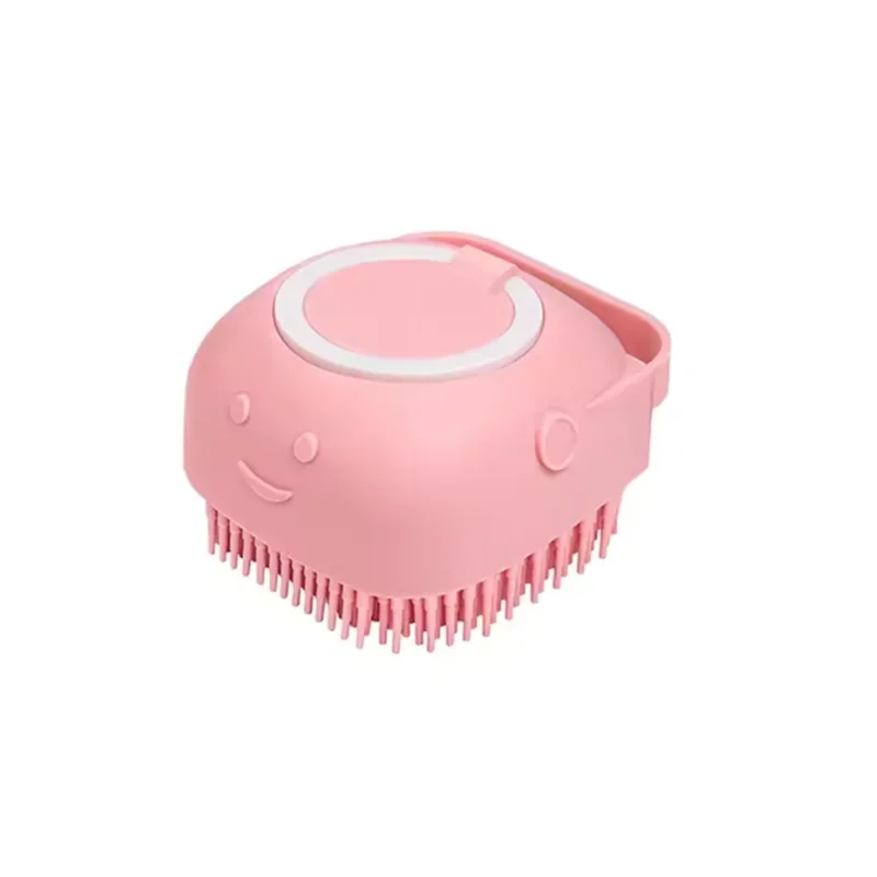 Pink dog shampoo dispenser brush with soft silicone bristles for pet bathing, massage, and grooming dogs and cats